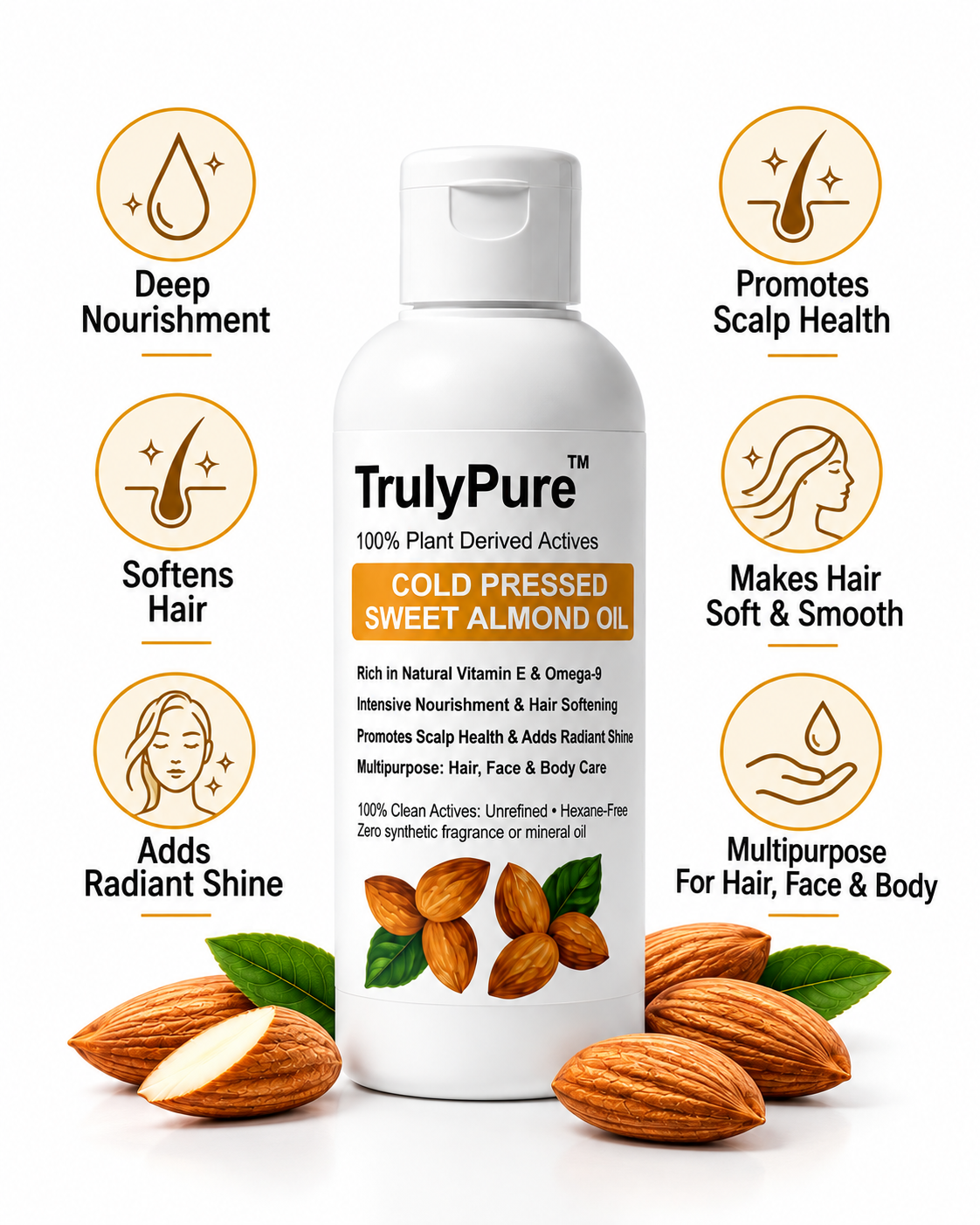 Dark Circles Fading, Deep Skin Glow & Hair Softening –Cold Pressed Sweet Almond Oil (100 ml)