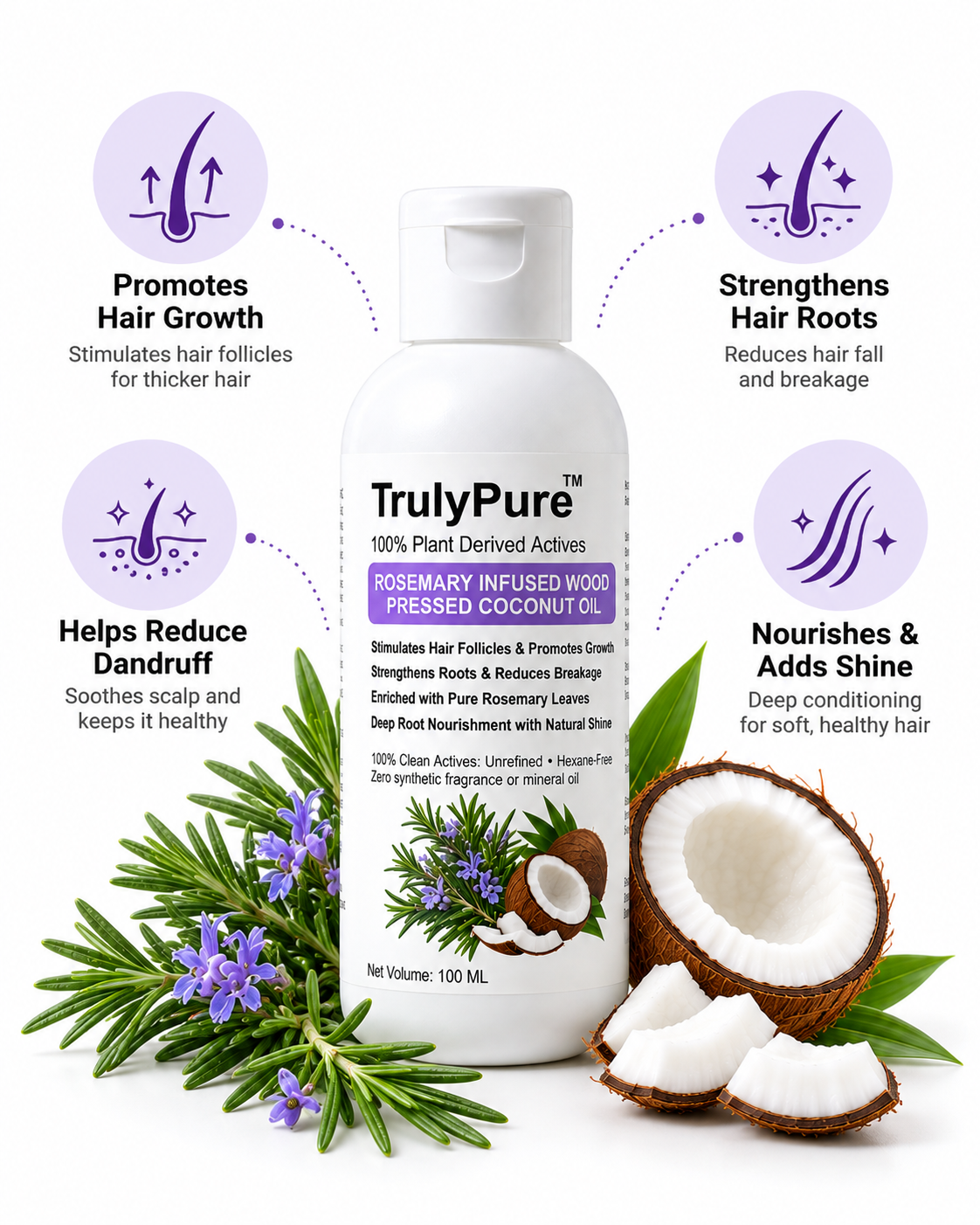 Hair Regrowth, Follicle Stimulation & Dandruff Control – Rosemary Infused Wood-Pressed Coconut Oil (100 ml)
