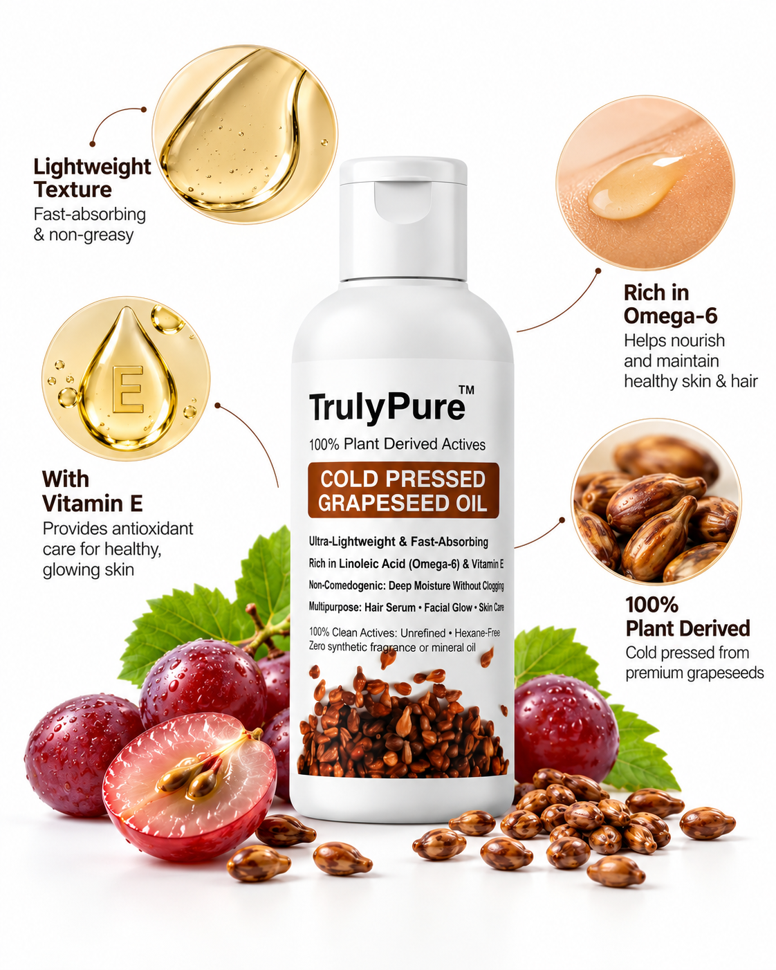 Weightless Frizz Control, Heat Defense & Brilliant Shine Hair Oil – TrulyPure™ Cold Pressed Virgin Grapeseed Hair Oil (100 ml)