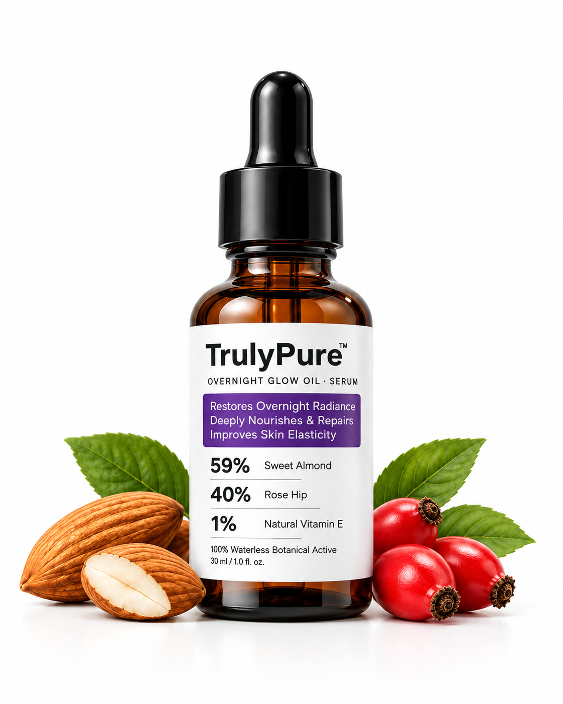 A bottle of TrulyPure Overnight Glow Oil Serum centered on a white background, surrounded by almonds, rose hips, and green leaves. The amber glass bottle has a black dropper cap and a white label with purple and black text.