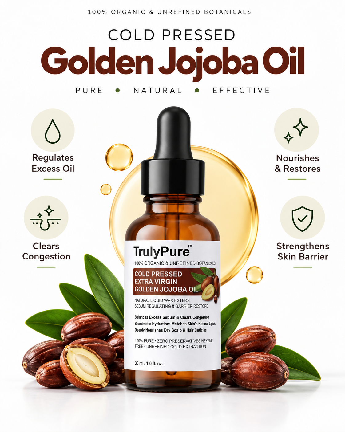 Excess Sebum Balancing & Barrier Repair | Cold Pressed Extra Virgin Golden Jojoba Oil (30 ml)