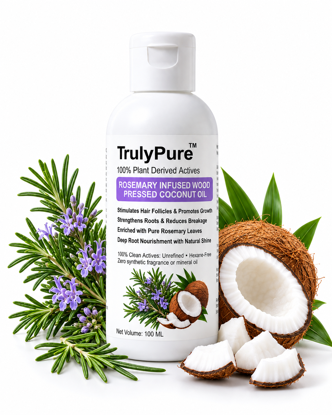 Hair Regrowth, Follicle Stimulation & Dandruff Control – Rosemary Infused Wood-Pressed Coconut Oil (100 ml)
