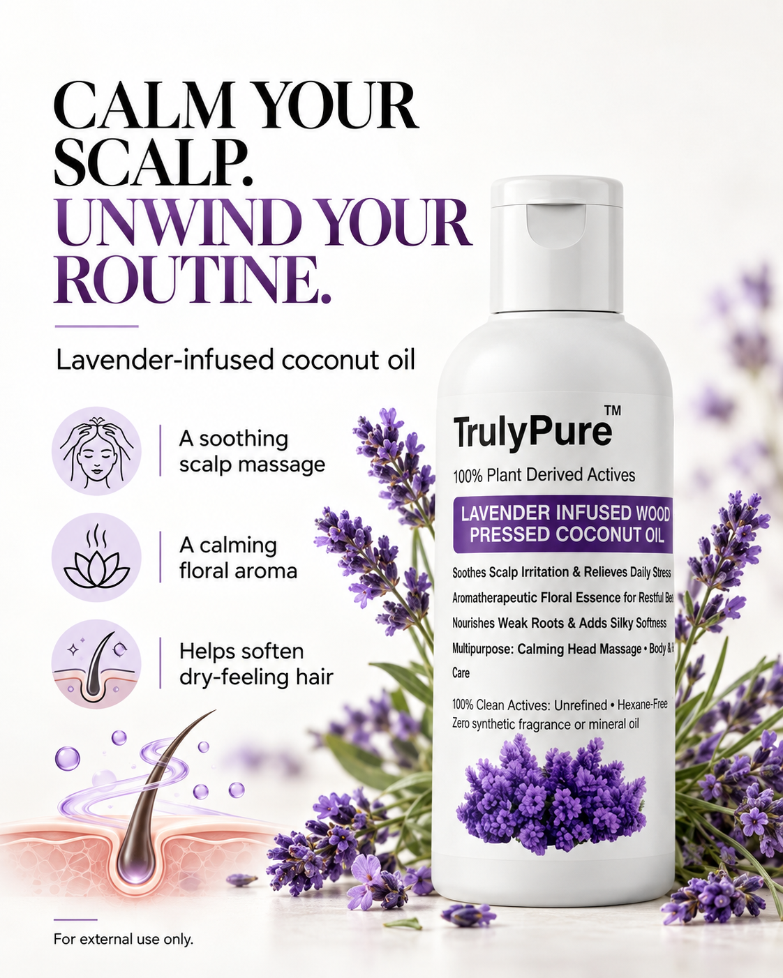 Lavender Infused Wood Pressed Coconut Oil: Soothing Therapy for Dry, Itchy Scalp & Daily Stress 100ml