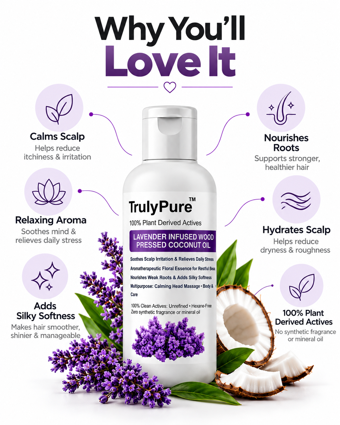 Lavender Infused Wood Pressed Coconut Oil: Soothing Therapy for Dry, Itchy Scalp & Daily Stress 100ml