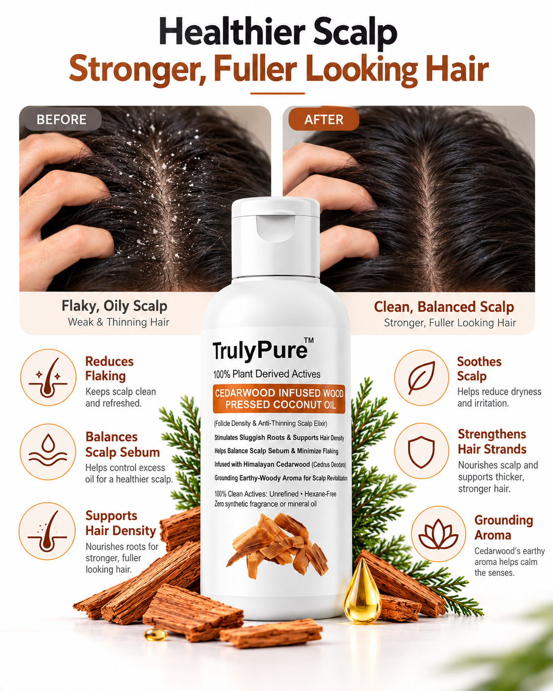 Hair Thinning Control, Scalp Flake Defense & Follicle Strengthening Oil – Cedarwood Infused Wood-Pressed Coconut Oil (100 ml)