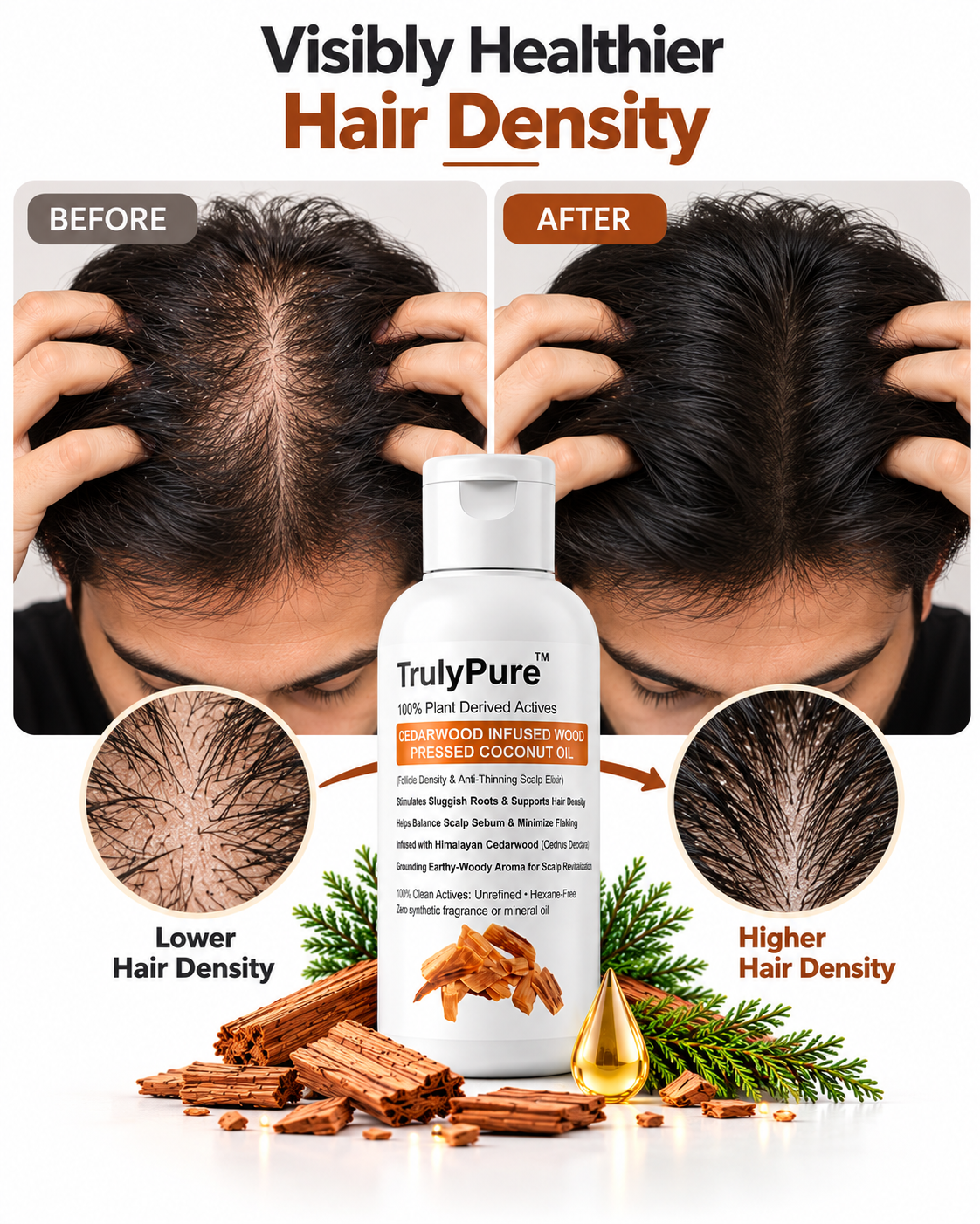 Hair Thinning Control, Scalp Flake Defense & Follicle Strengthening Oil – Cedarwood Infused Wood-Pressed Coconut Oil (100 ml)