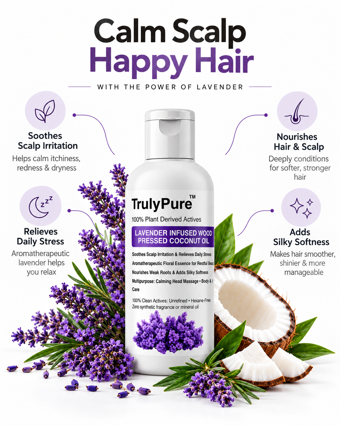Lavender Infused Wood Pressed Coconut Oil: Soothing Therapy for Dry, Itchy Scalp & Daily Stress 100ml