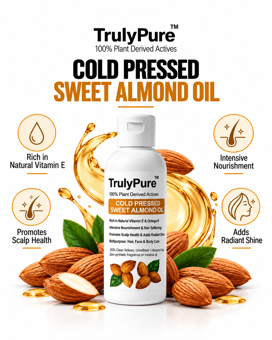 Dark Circles Fading, Deep Skin Glow & Hair Softening –Cold Pressed Sweet Almond Oil (100 ml)