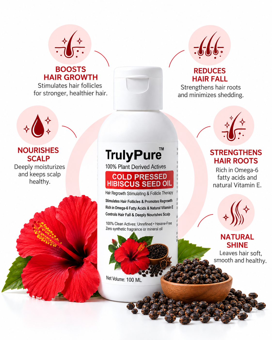 Hair Fall Control, Scalp Strengthening & Density Boosting Oil – TrulyPure™ Cold Pressed Virgin Hibiscus Seed Hair Oil (100 ml)