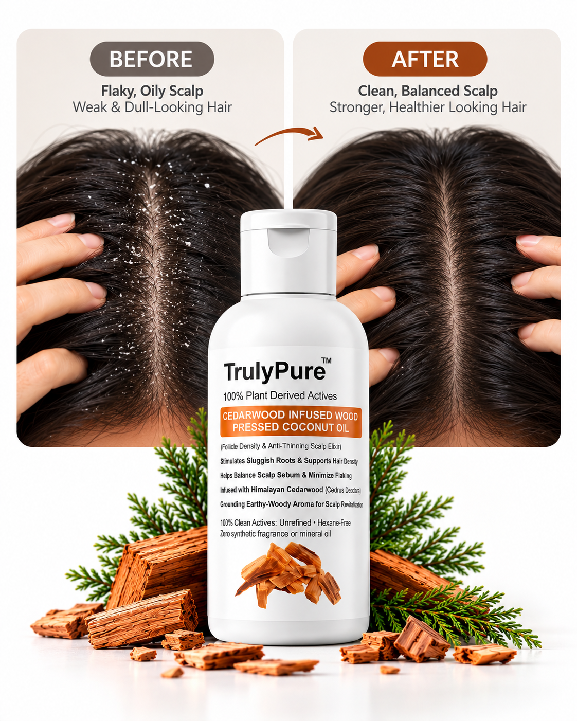 Hair Thinning Control, Scalp Flake Defense & Follicle Strengthening Oil – Cedarwood Infused Wood-Pressed Coconut Oil (100 ml)