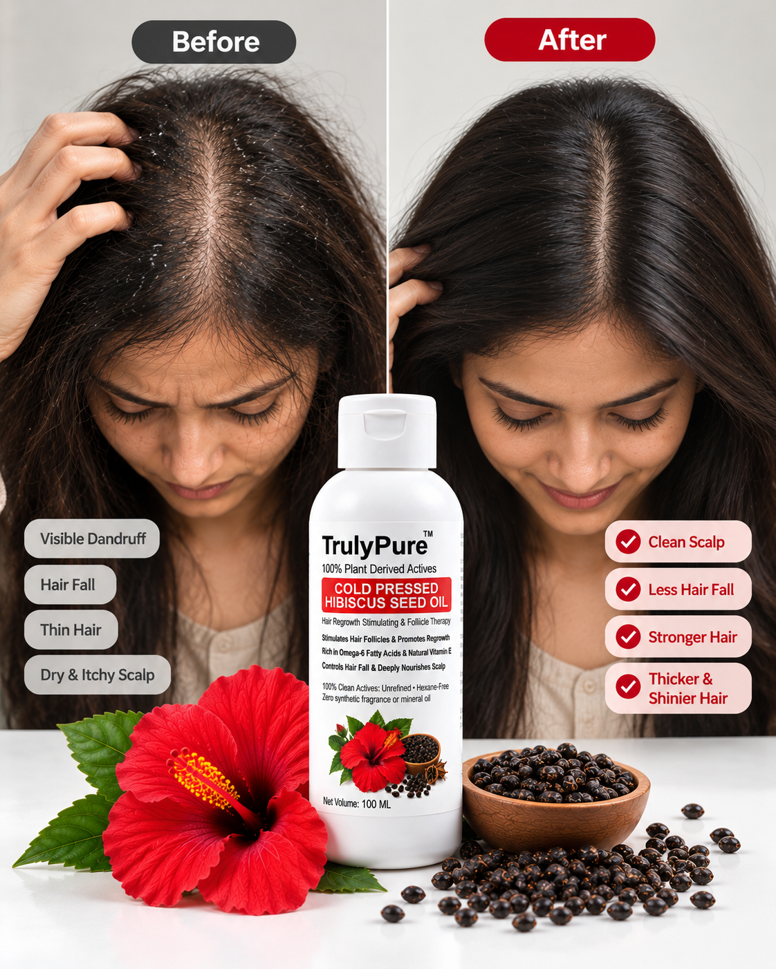 Hair Fall Control, Scalp Strengthening & Density Boosting Oil – TrulyPure™ Cold Pressed Virgin Hibiscus Seed Hair Oil (100 ml)
